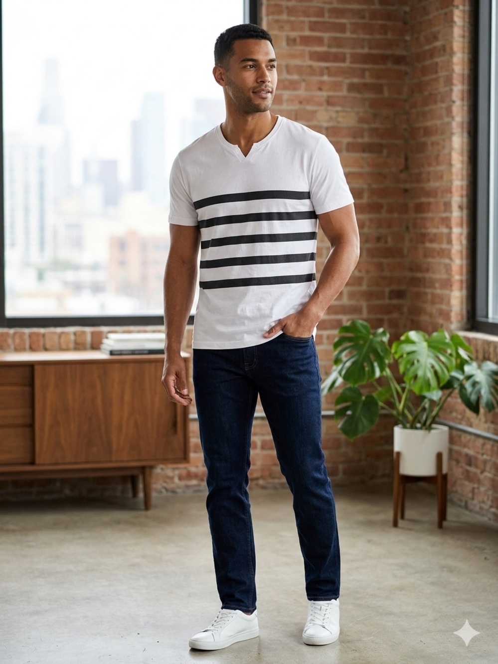 Kenneth Cole Reaction Striped Notch Neck Tee - Size L